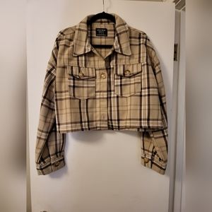 Cropped Neutral Beige and Brown Plaid Thick Cropped Flannel